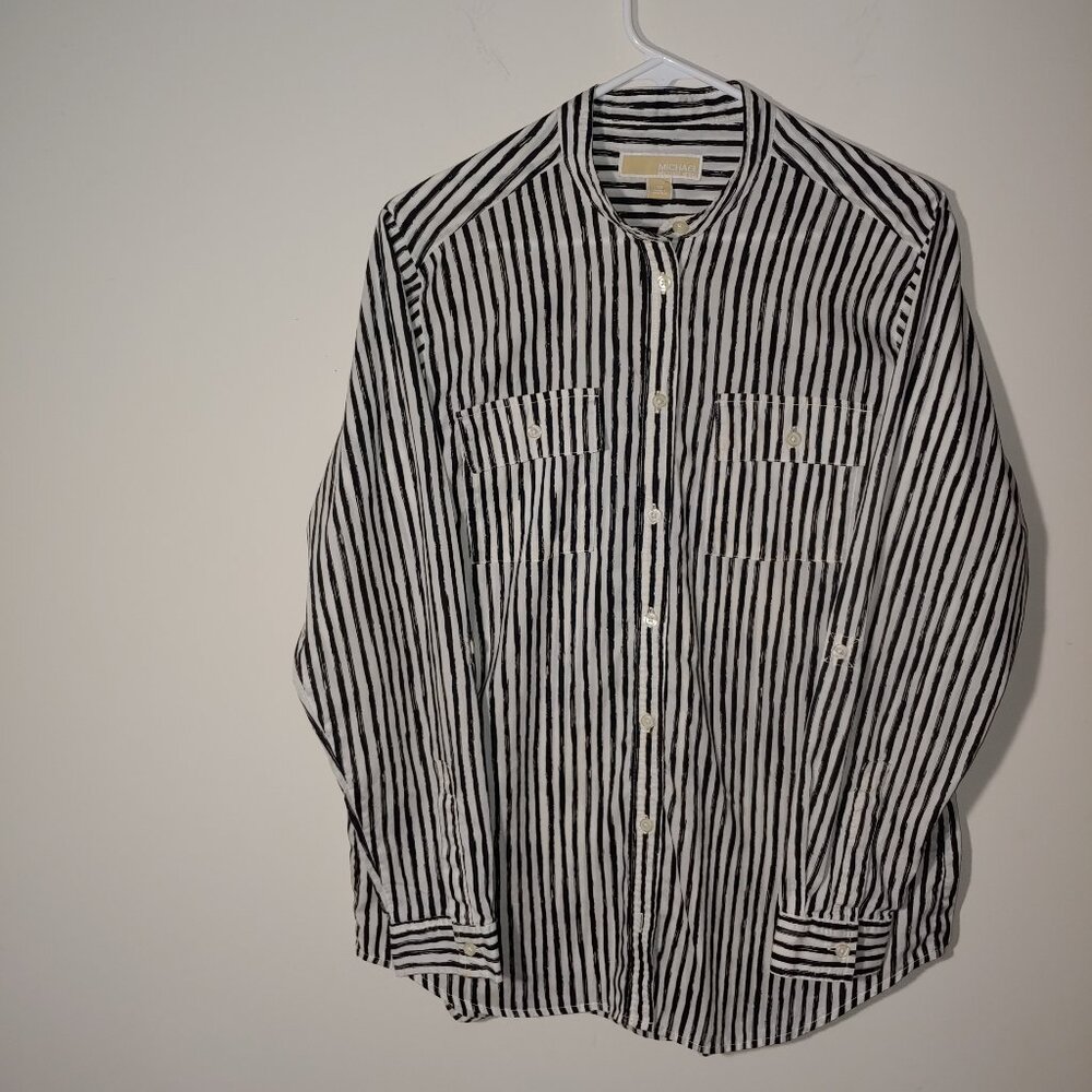 Michael Michael Kors Button Down Long Sleeves Stripes Shirt Sz M Black White
